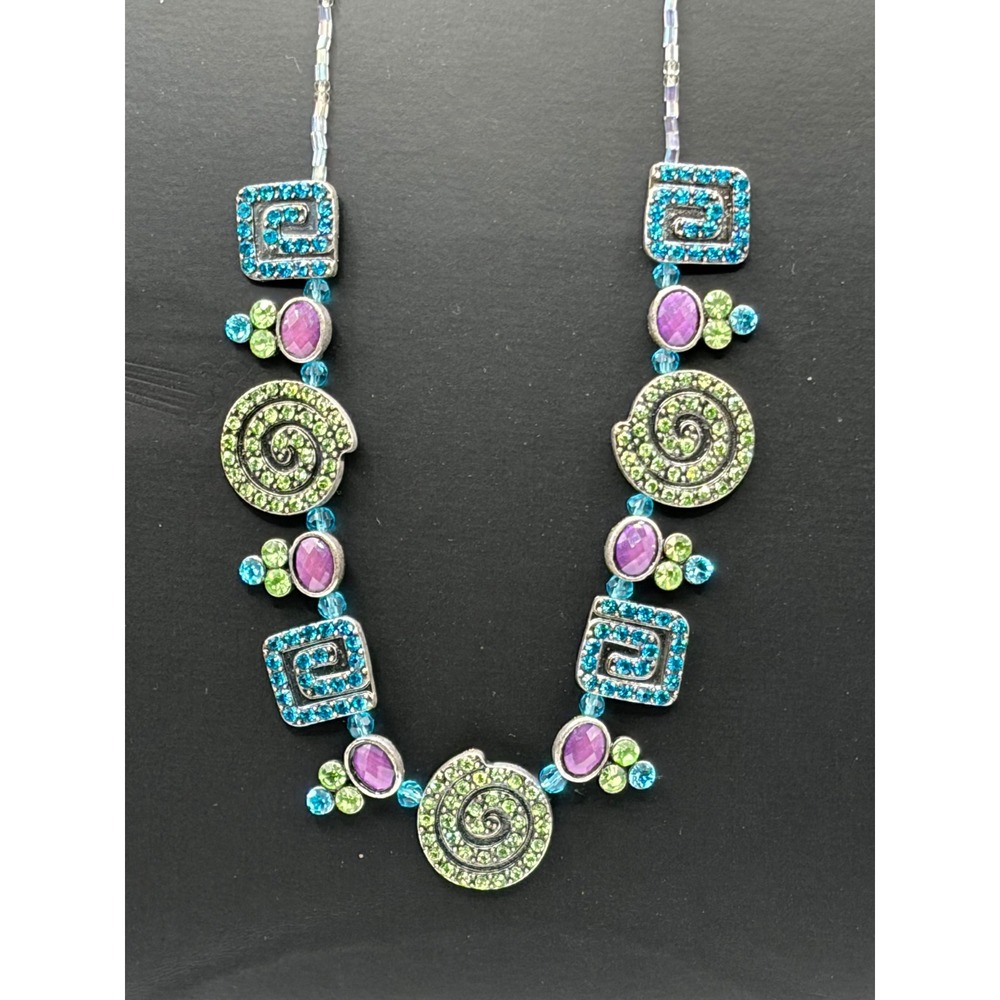 Boho Statement Necklace Silver Tone Rhinestone Geometric Spiral Blue Green
